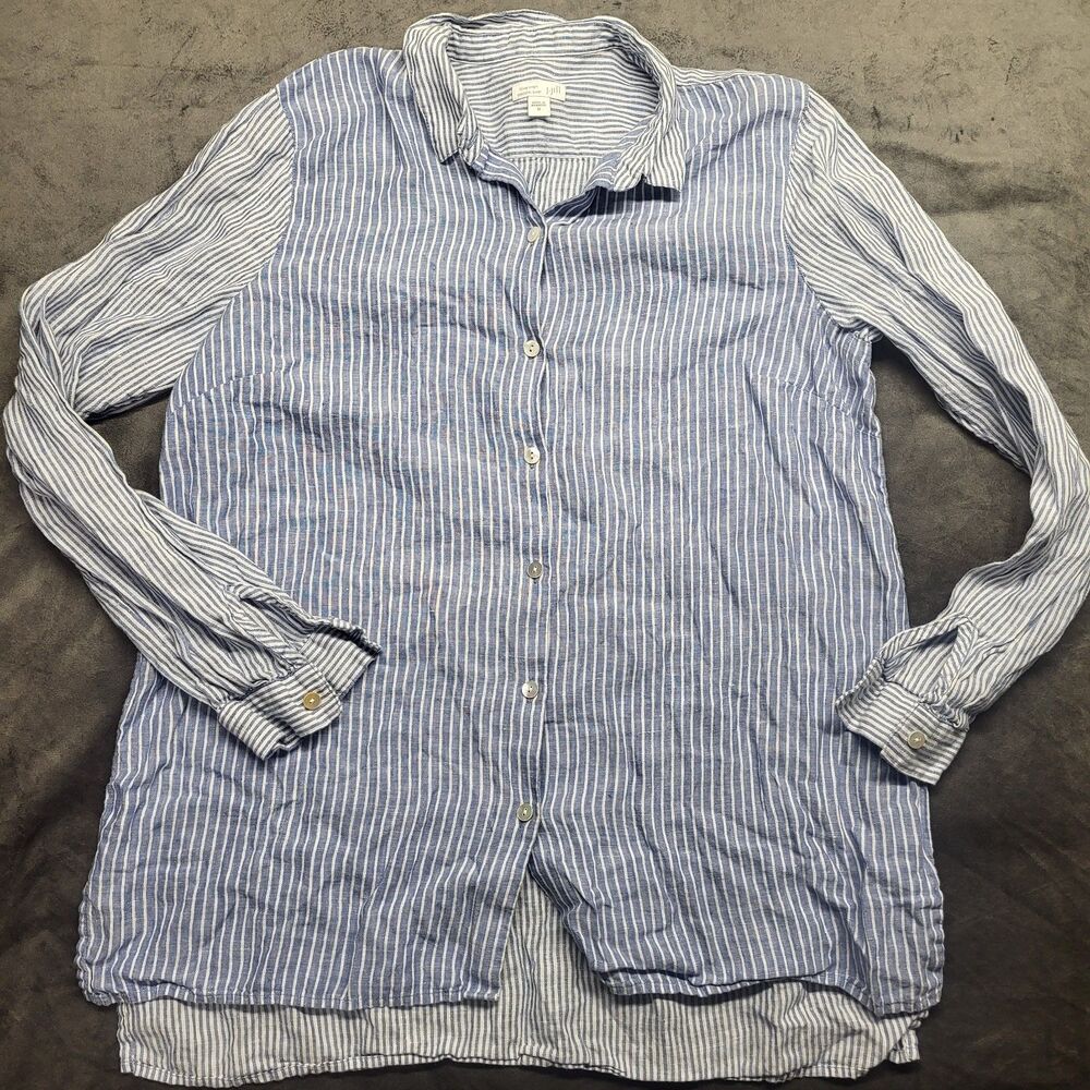 J Jill Love Linen Essential Shirt Medium Blue White Striped Button Down Top